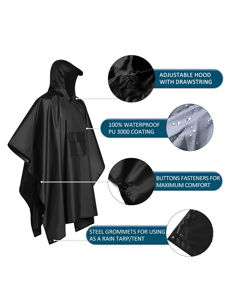 Camping Rain Poncho - 2026 Водонепроницаемый дождевик-пончо 3-в-1 с капюшоном